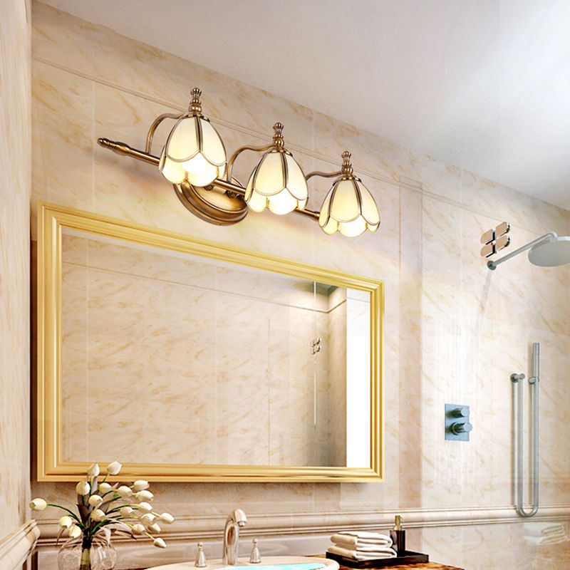 Brass Contemporary Armed Wall Mounted Light Fixture Glass Sconce Light for Bathroom