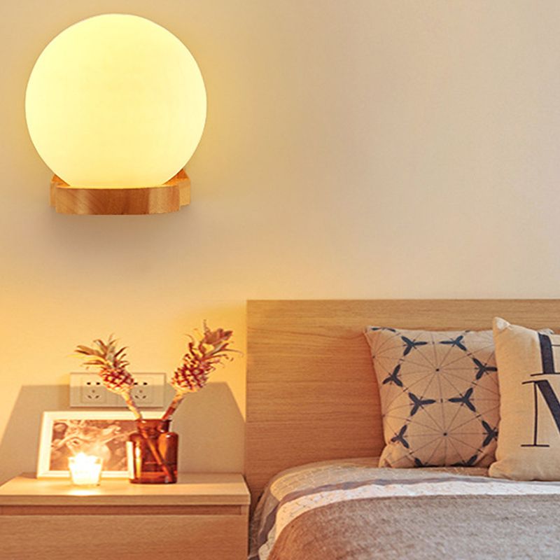 Nordic Wood Wall Light Globe 5.5" Wide Wall Sconce with White Glass for Bedroom