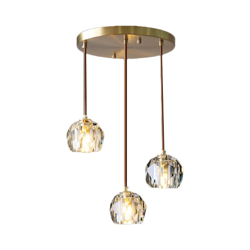 Gold 3 Heads Cluster Pendant Light Contemporary Faceted Crystal Domed Hanging Lamp Kit with Round/Linear Canopy