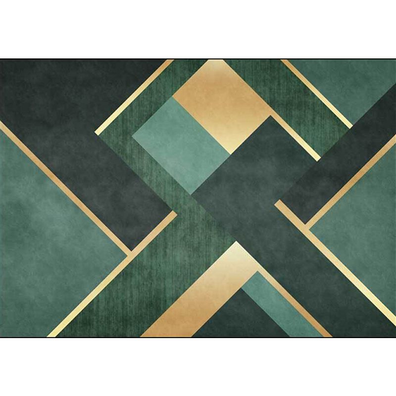 Nordic Geometric Pattern Rug Green and Golden Polyester Rug Machine Washable Non-Slip Area Rug for Bedroom