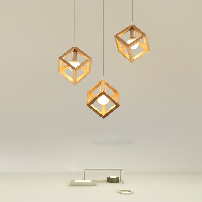 Log Color Square Pendant Light in Modern Concis Concis Wooden Intérieure en bois lampe de suspension intérieure
