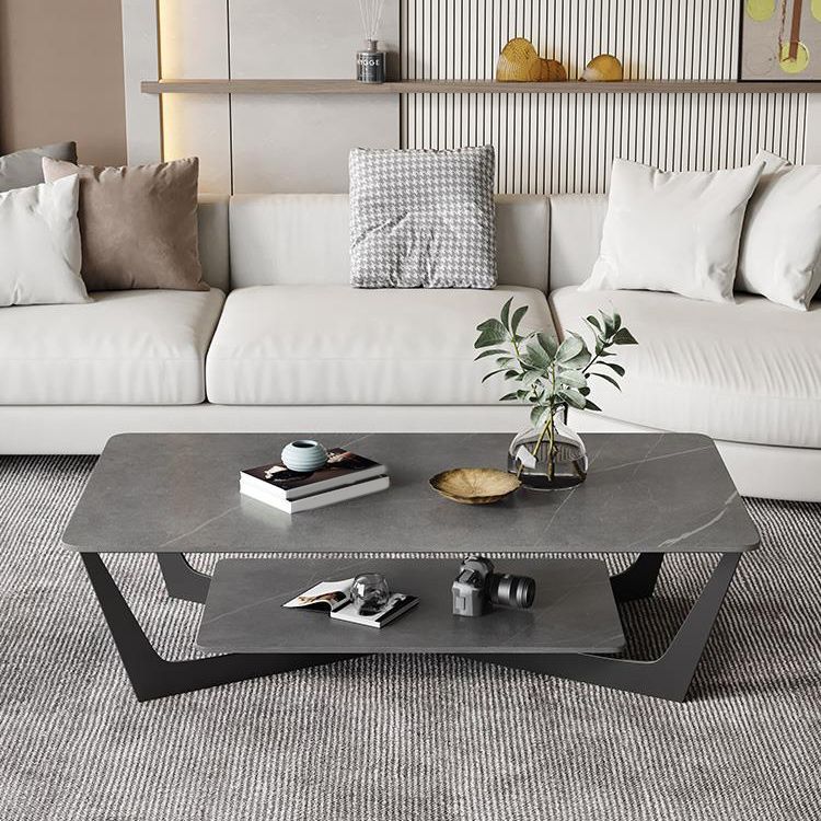 15.7" H Rectangle Slate Coffee Table Metal 4 Legs Cocktail Table with Shelf