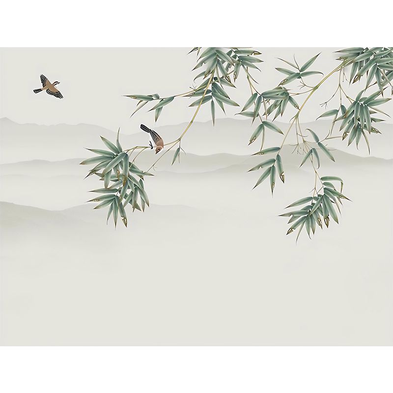 Minimalist Bamboo Leaf Wall Decor for Accent Wall, Custom Size Wall Mural in Green and White