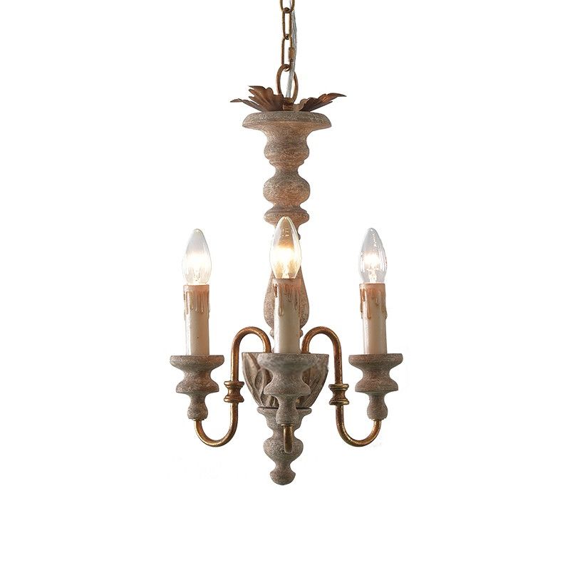 Distressed White Curved Arm Pendant Chandelier Rural Wood 3 Bulbs Dining Room Hanging Ceiling Light
