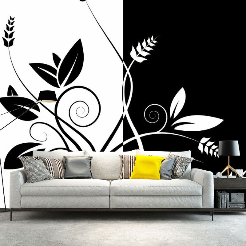 Black-White Floral Wallpaper Mural Stain-Proof Minimalist Bedroom Wall Decoration