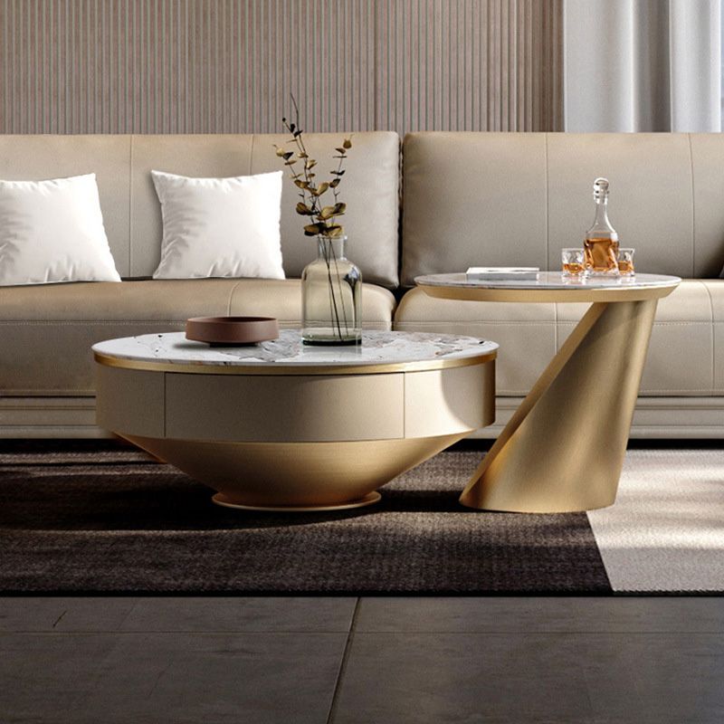 Slate and Metal Coffee Table Pedestal Round Cocktail Table with Drawer