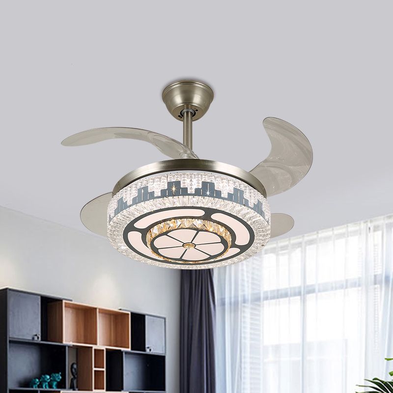 LED Circulaire semi-vlakke moderne roestvrijstalen heldere kristalblokken 4 messen hanger ventilator licht, 19 "breed