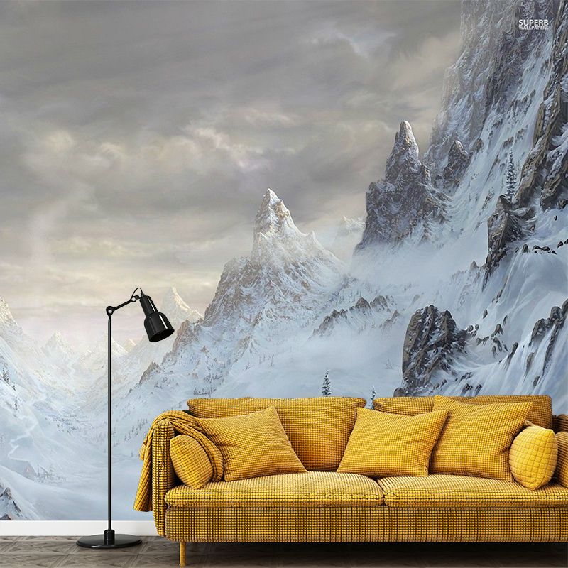 Mountain Covered with Snow Mural in White Modern Style Wall Art for Living Room, Custom Print