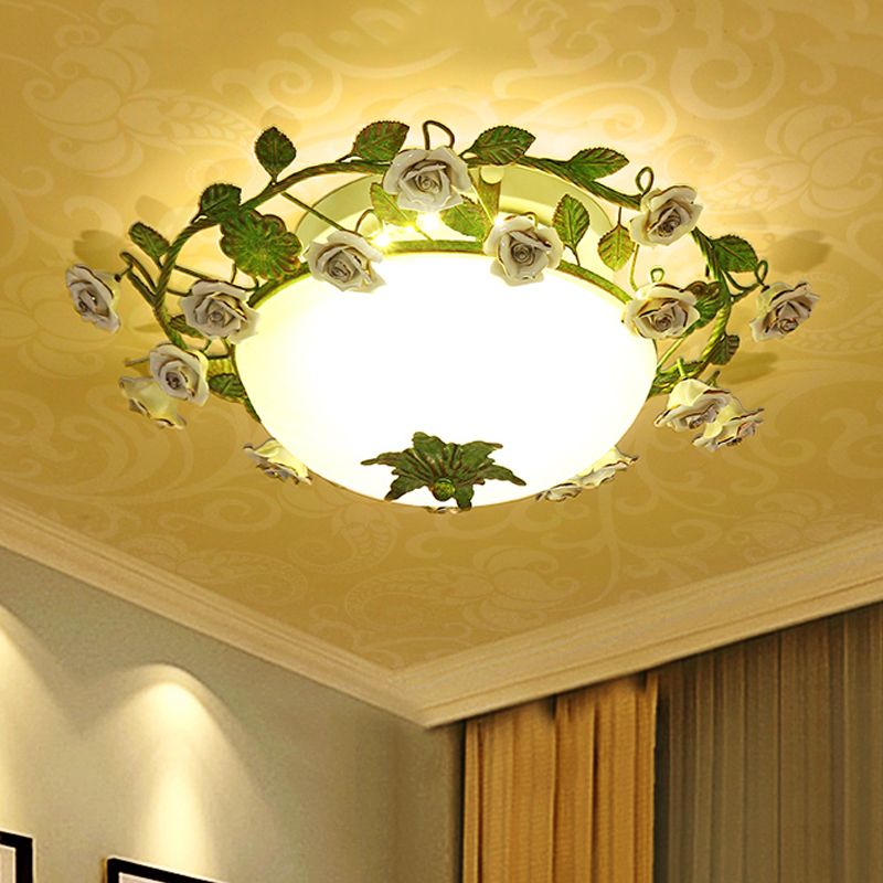 Witte glazen kom plafondverlichting Koreaanse bloem led slaapkamer semi spoeling mount lamp armatuur, 16 "/19,5" breed