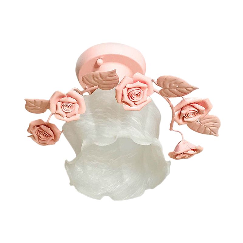 Ruffle Frosted White Glass Semi Flush Mounted Light Pastoral Style 1-Light Dining Room Ceiling Lighting in Pink/White/Blue