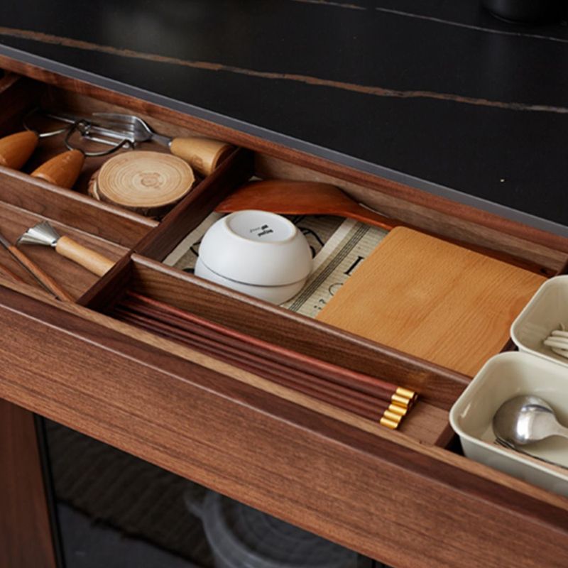 Modern Solid Wood Sideboard with 3 Drawers Glass Door in Brown