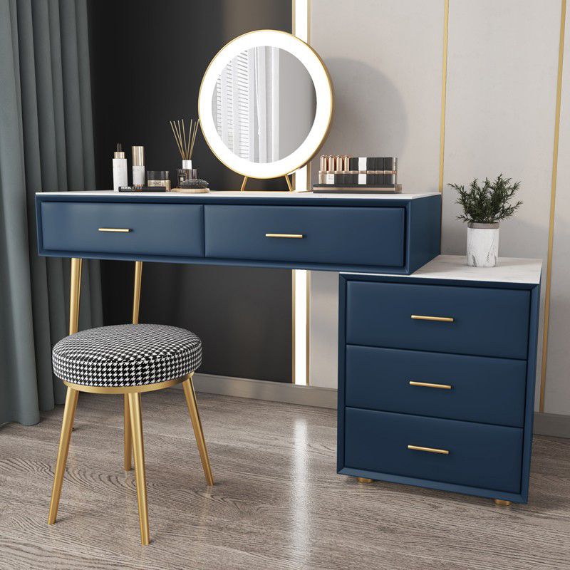Genuine Leather Vanity Set 5 Storage Drawers Dressing Table with Padded Stool