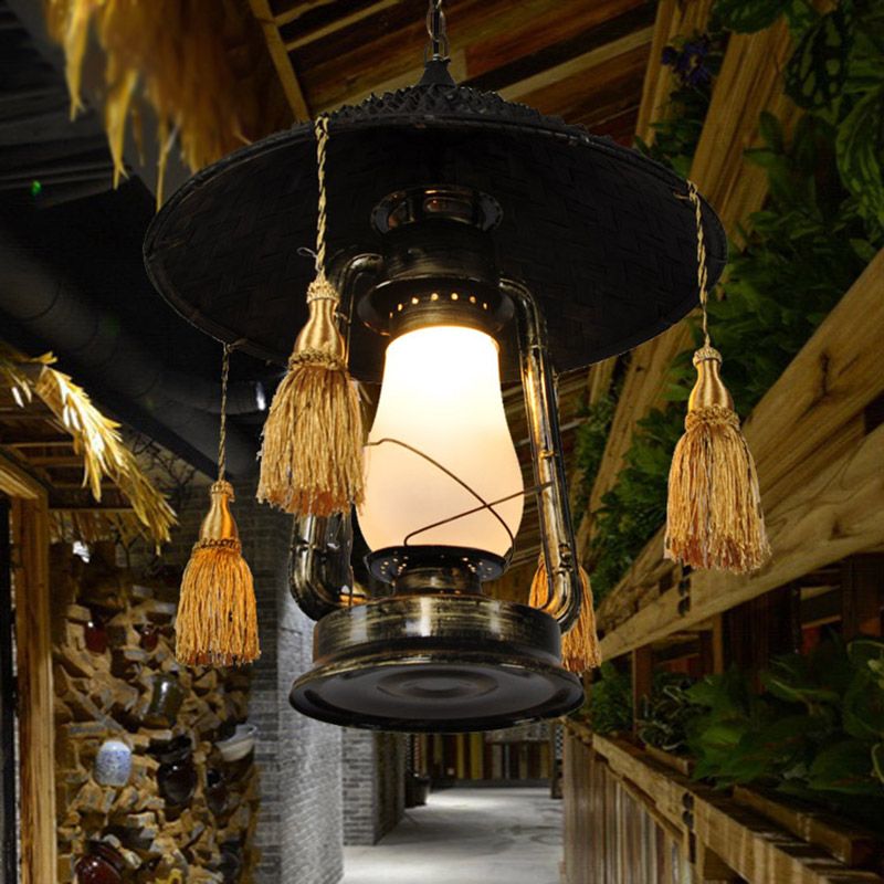 Opal Glass Kerosene Ceiling Lamp Rustic 1 Bulb Aisle Hanging Light with Tassel and Cone Hat Top in Black
