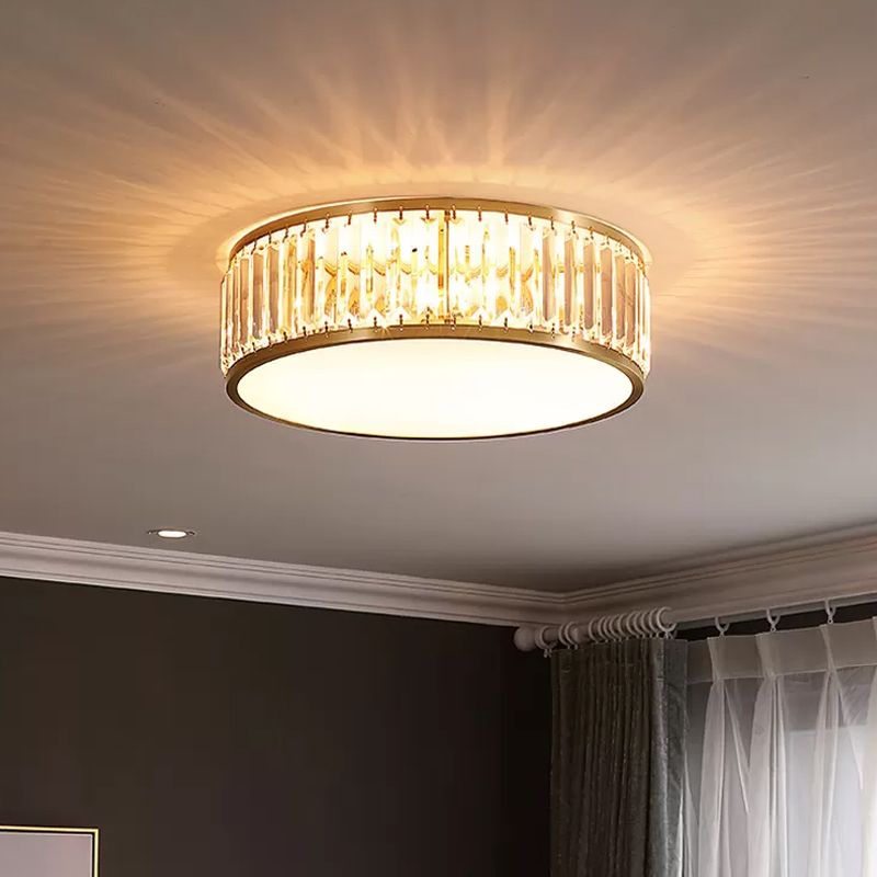 Crystal Drum Flush Mount Lamp Simplicity 3/4/5 Bulbs Bedroom Ceiling Light in Gold, 12.5"/16.5"/23.5" Wide