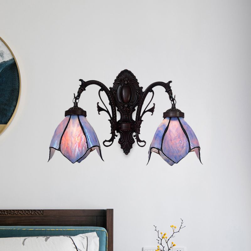 White/Pink Glass Copper Wall Light Sconce Lotus 2 Bulbs Victorian Wall Mount Lamp with Curved Arm