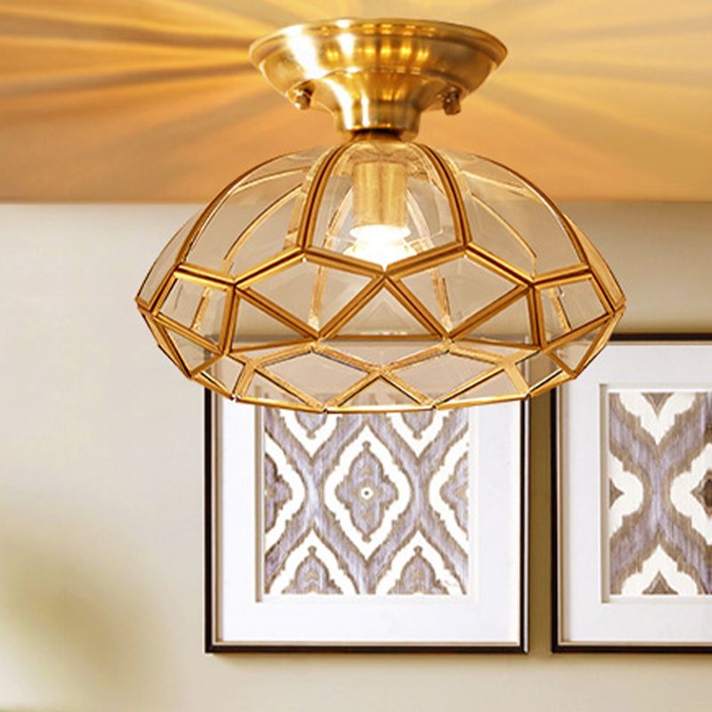 Colonical Artistic Dome Ceiling Light Copper Indoor Ceiling Fixture with Pure Glass Shade