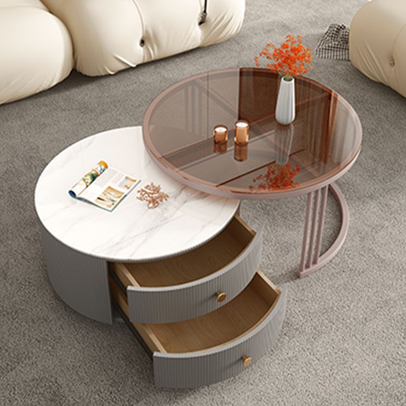 Glam Nesting Coffee Table Set Frame Round Slate Coffee Table with Drawers
