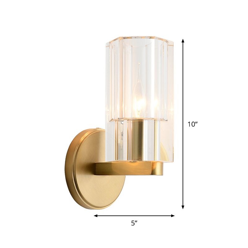 1 Head Bedside Wall Lighting Ideas Modernism Brass Wall Mount Lamp with Cylindrical K9 Crystal Shade