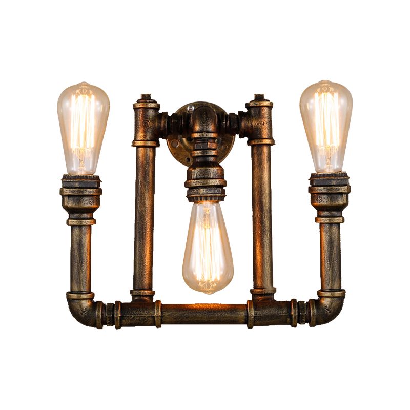 Industrial Exposed Sconce Light with Pipe Design 3 Heads Wrought Iron Wall Lamp in Aged Brass for Hallway