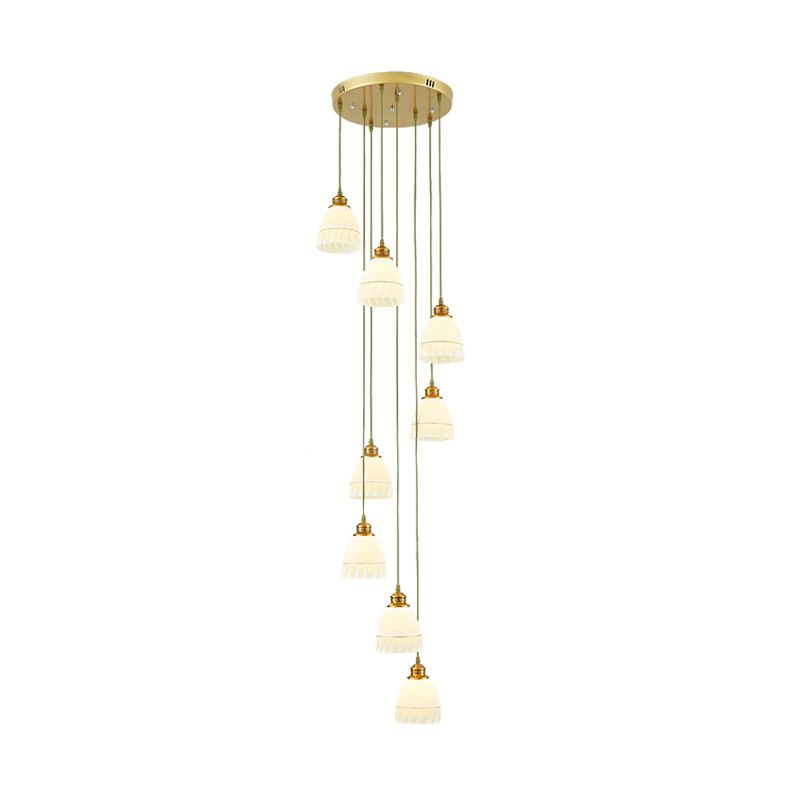 8-Head Pendant Lighting Modernism Stair Multi Ceiling Light with Bell/Dome White Glass Shade