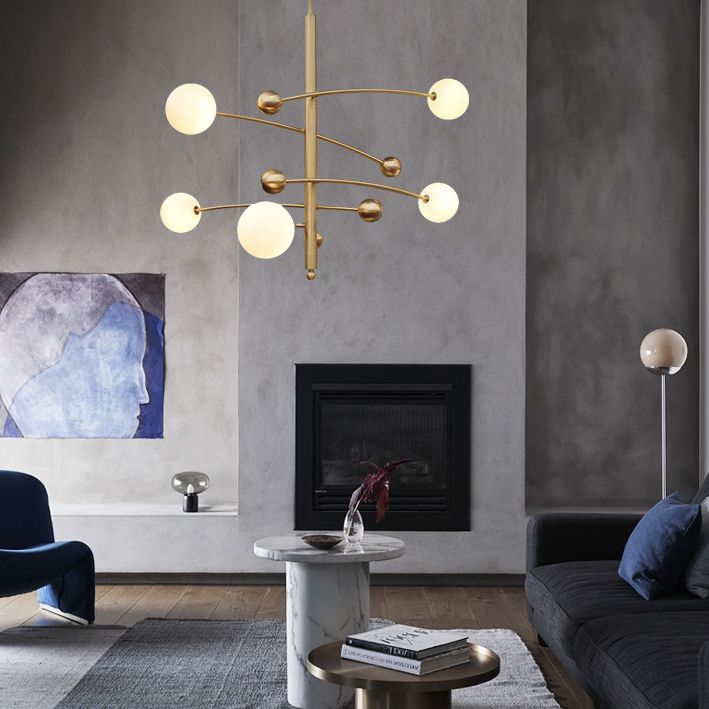 Post-Modern Hanging Chandelier Light Opal Glass Shade 5 Light Ceiling Chandelier in Gold for Bedroom