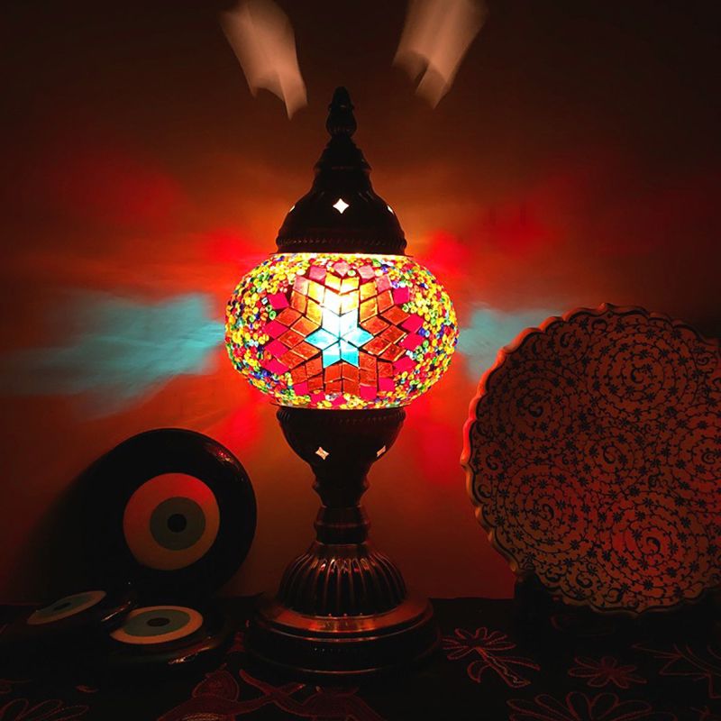 Single Night Stand Light Turkish Bedroom Table Lamp with Spherical Yellow/Red/Blue Glass Shade in Bronze
