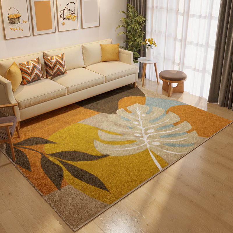 Casual Orange Rug Polyester Plants Rug Washable Rug for Living Room