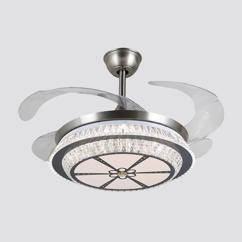 19 "breit gestufte Kristall Halbflush Mount Leichte LED Silber Hanging Lüfterlampe mit 4 Klingen