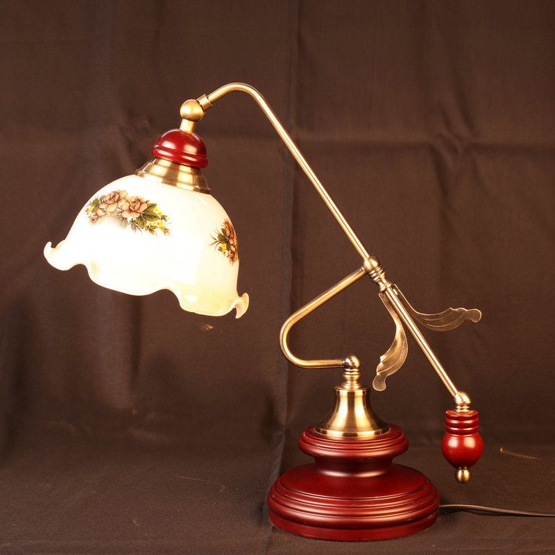 Luz de mesa de tazón retro con volantes 1 cabeza lámpara de vidrio blanco de vidrio con brazo de palanca marrón rojo dorado