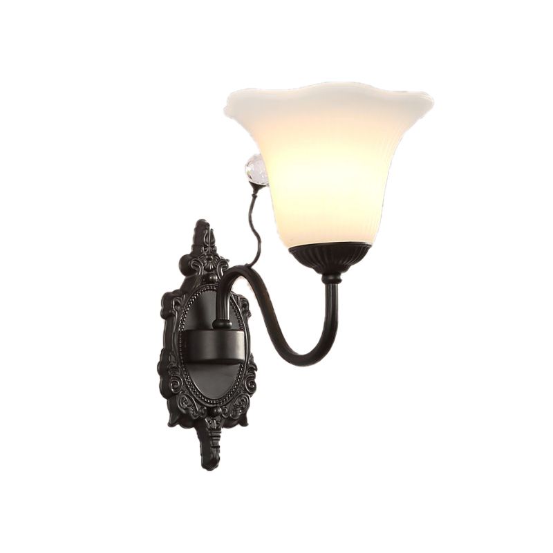 Ivory Glass Black Wall Lamp Flower 1/2-Light Rustic Wall Mount Light Fixture with Crystal Accent for Hall
