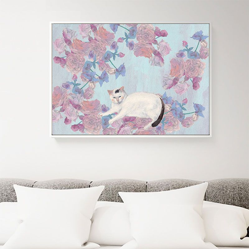 Pink Cat and Flowers Painting Textured Children's Art Kids Bedroom Wall Art Decor