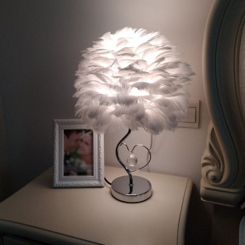 1-Light Bedroom Night Lamp Nordic Grey/Orange/Pink Table Light with Dome Feather Shade and Crystal Accent