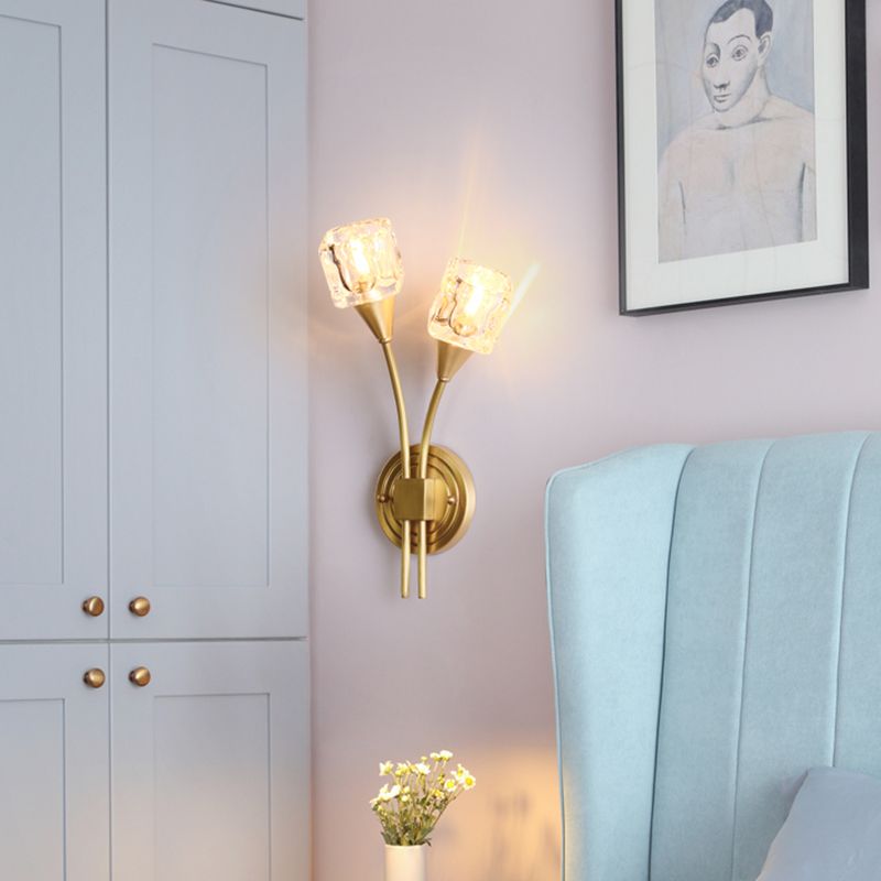 2-Light Gold Wall Lamp in Modern Luxury Style Copper Wall Sconce with Crystal Shade