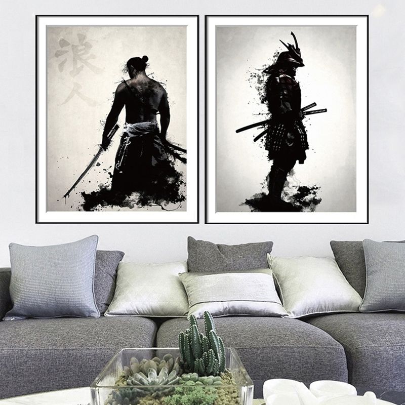 Asian Warrior Painting Canvas Decorative Black Wall Art Print for Parlor, Multiple Sizes