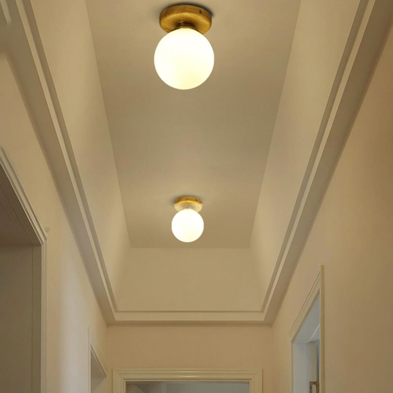 Scandinavian Wooden Ceiling Light Globe Glass Shaded Flush Mount Lighting