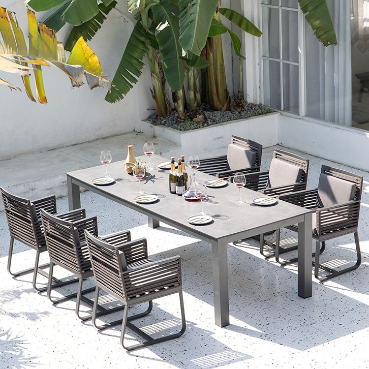 Industrial Rectangle Stone Top Patio Table Outdoor Rust Resistant Dining Table