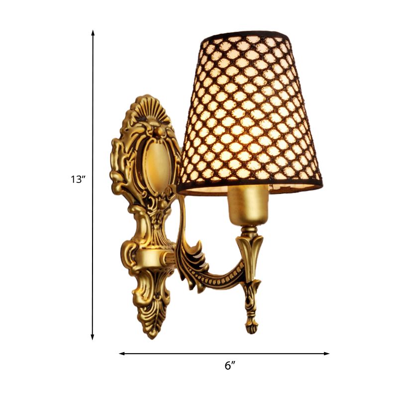 Gold Cone Wall Mount Light Traditional Metal 1/2-Light Living Room Carved Sconce Light with Lattice Fabric Shade