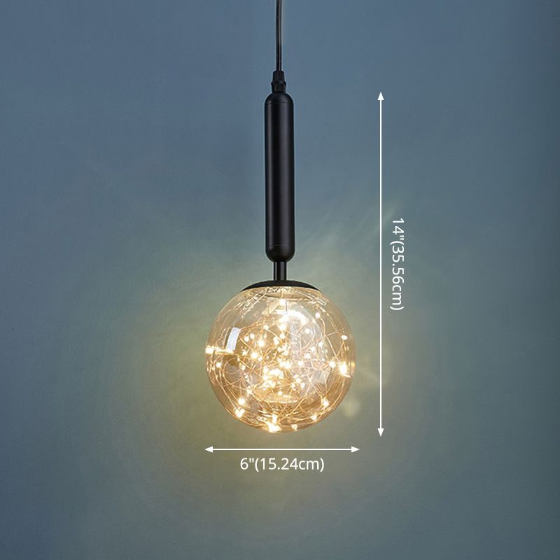 Amber Glass Ball Pendulum Light Nordic 1 Head LED Hanging Pendant with Starry String
