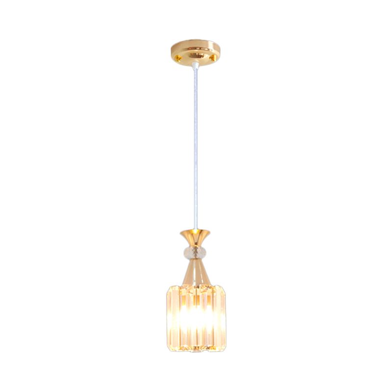 Crystal Prisms Cylinder Ceiling Light Fixture Simple Single Suspension Pendant in Gold