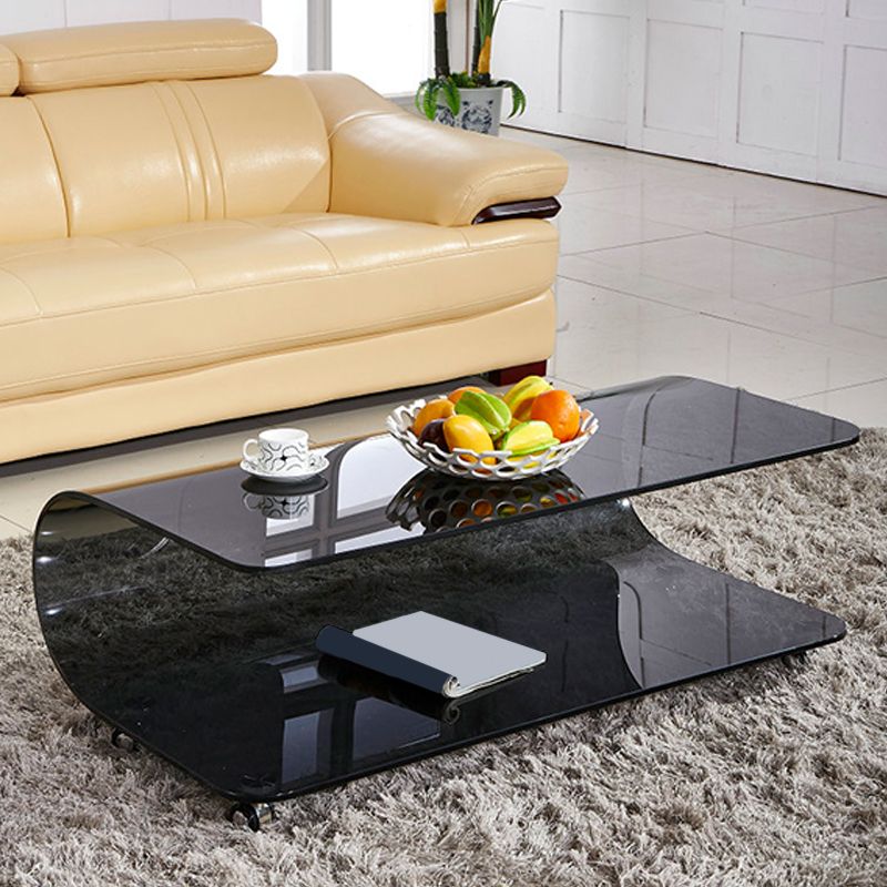 Contemporary Glass Shelf Included Coffee Cocktail Table with Casters