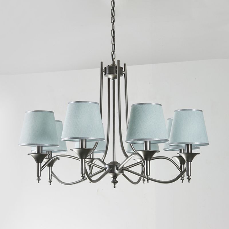 Traditional Twisted Arm Chandelier 8 Bulbs Metallic Pendant Light Kit in Silver/Blue/White and Silver with Conic Fabric Shade