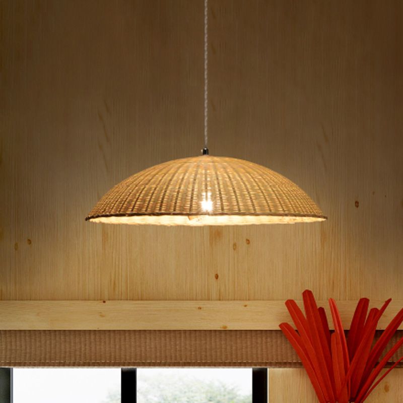 Domed Ceiling Lamp Asian Bamboo 1 Head Flaxen Hanging Pendant Light for Living Room