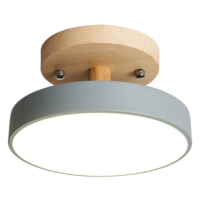 Round Corridor Semi Flush Light Acrylic Macaron Style LED Flush Ceiling Light with Wooden Canopy