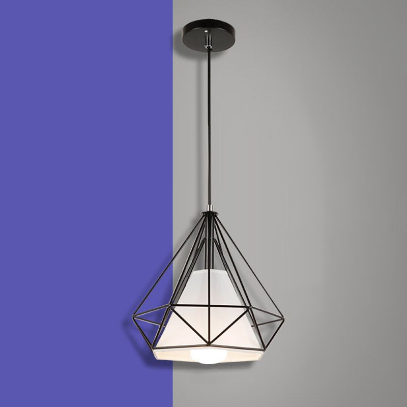 1-Light Diamond Cage Pendant Ceiling Lights Industrial Hanging Light Fixtures with Fabric Shade