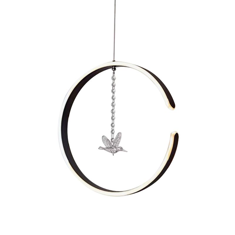 Acrylic Ring Pendant Lamp Minimalist LED Hanging Ceiling Light in White/Black with Bird Crystal Decor