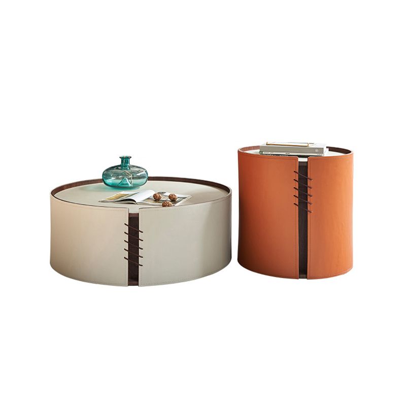 Round White Coffee Table Leather Drum 1 Single Cocktail Table
