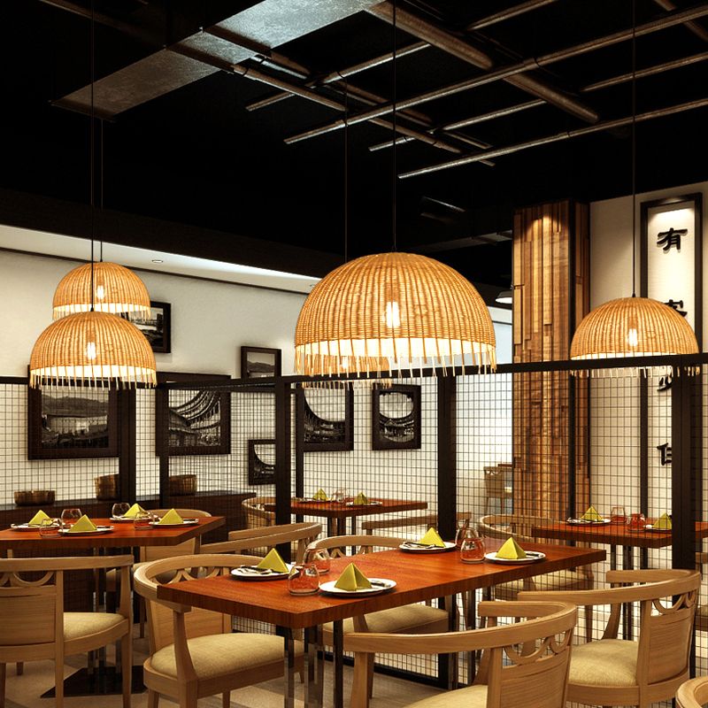 Beige Hand-Woven Pendant Light Fixture with Dome Shade Modern Style 12"/16" W 1 Head Rattan Hanging Lamp