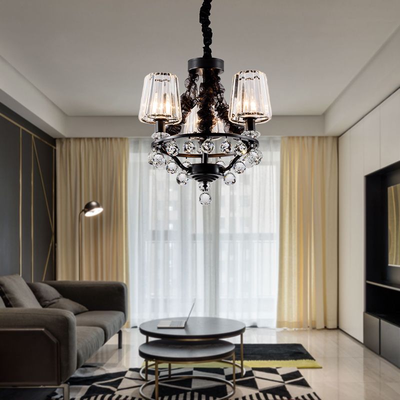 Luz de colgante de lámpara de lámpara cónica negra Bloque de cristal tradicional 3/6 cabezas de dormitorio Luz de techo colgante