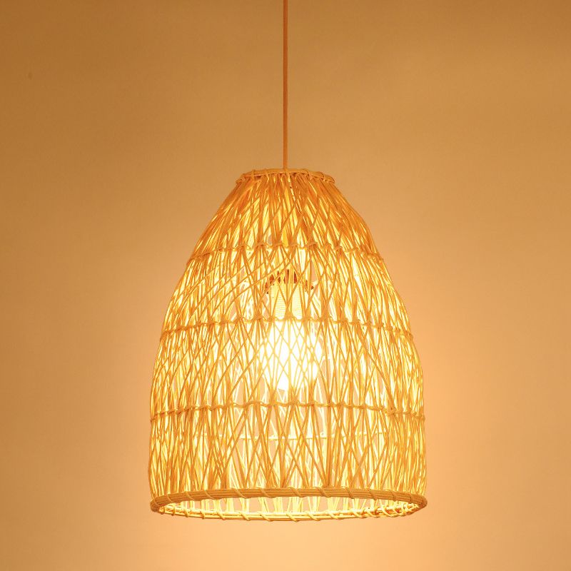 12.5"/16" W Elongated Cone Pendant Light Kit Contemporary Bamboo 1 Light Restaurant Hanging Lamp in Beige