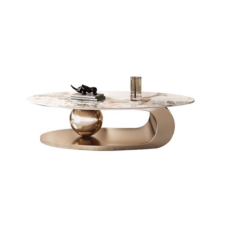 Elliptical Slate Glam Coffee Table 27.6" D Abstract Cocktail Table with Floor Shelf